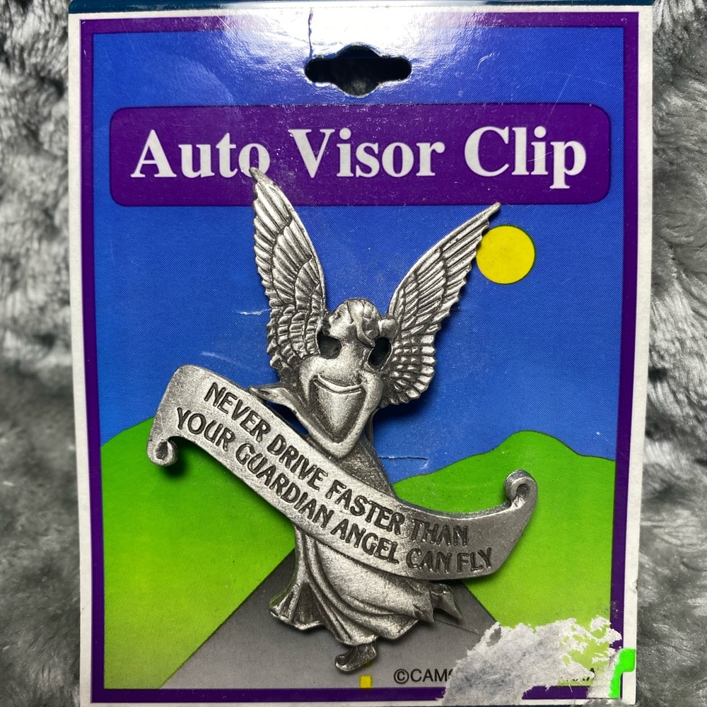 Metal Auto Visor Clip Angel with Wings and Inspirational Saying